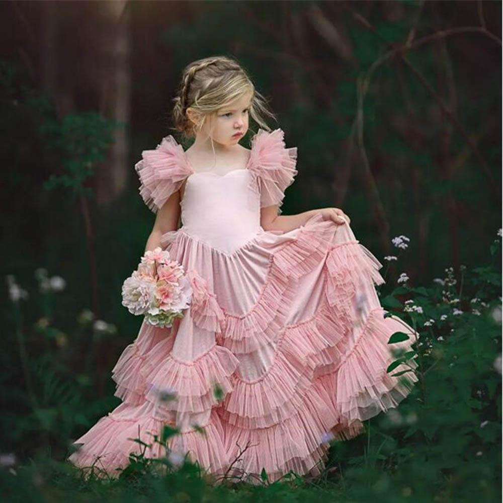 Blush Pink wer Girl For Weddings Ruffle Cute Little Girls Pageant Dress Spaghetti Strap Tulle First Holy Communion Dresses