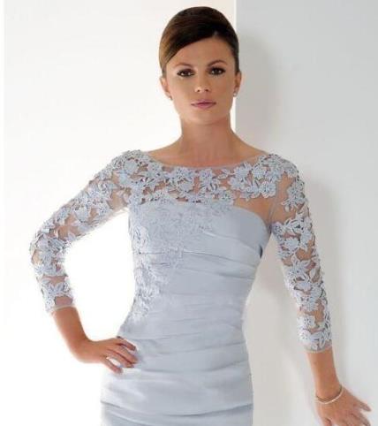 Silver Short Lace MOTHER of the Bride Dresses Scoop Neckline Applique Pleats Knee Length 34 Long Sleeve Sheath Formal Party Gowns7