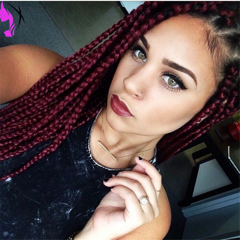 Long 12-30inches Burgundy color Braided Wigs with baby Hair Heat Resistant Synthetic Lace Front Wigs for Black Women