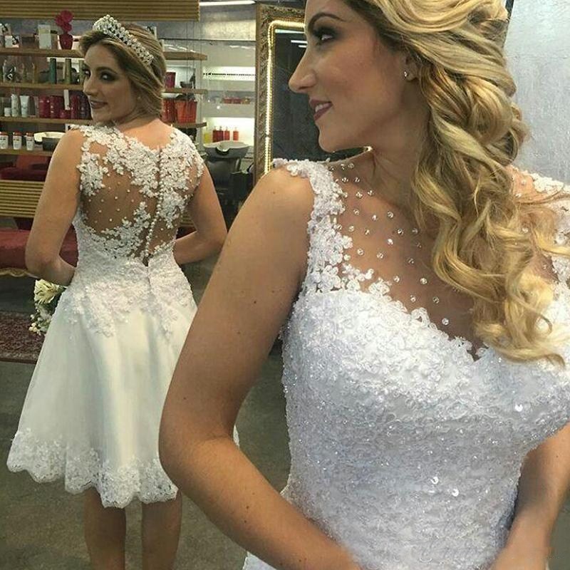 2018 Sheer Lace Appliques Sleeveless Short Wedding Dresses Vintage Knee Length Tank Bridal Gowns Beaded Vestidos De Mariee Custom Online, Custom made from color chart
2018 Sheer Lace Appliques Sleeveless Short Wedding Dresses Vintage Knee Length Tank Bridal Gowns Beaded Vestidos De Mariee Custom Online, Custom made from color chart