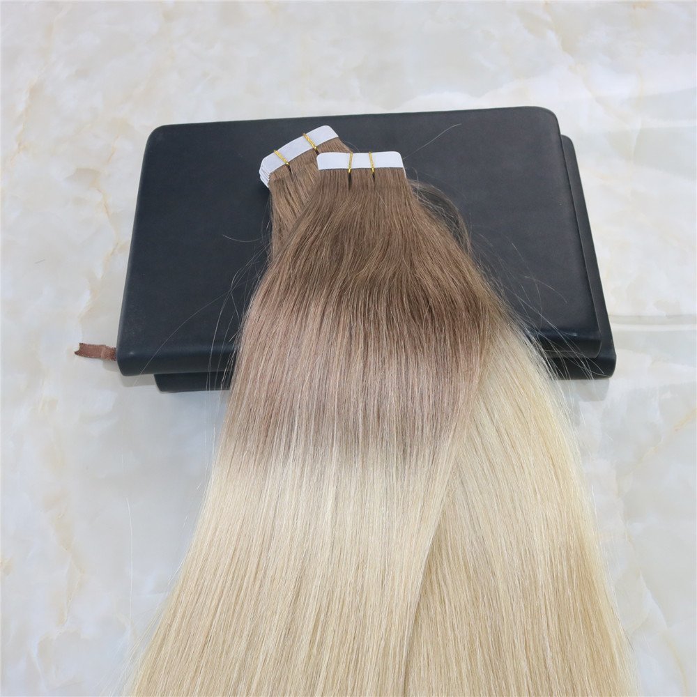 Glue in Hair Ombre Extensions Tape on Brazilian Remy Hair Fading Color Light Brown #6 to Bleach Blonde #613 Dip Dye Color Weft