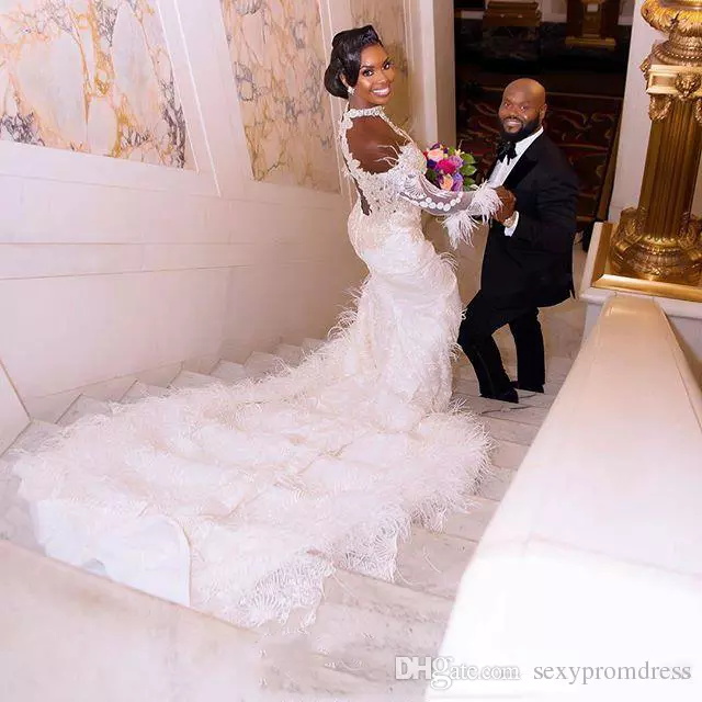 Mermaid Dresses Off The Shoulder High Neck Lace Appliques Bg Crystal Plus Size Wedding Dress Long Sleeve Bridal Gowns