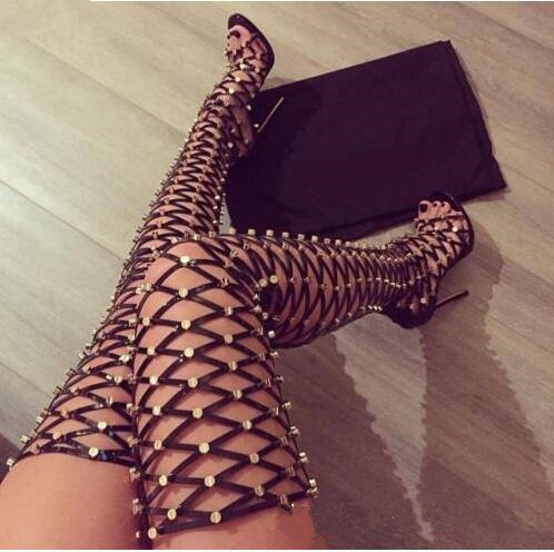 Ladies Studded Thigh High Sandals Rivets Women Summer Gladiator Sandal Boots High heel Net Cut Out Spinal Over Knee Long botas Thin Heels
Ladies Studded Thigh High Sandals Rivets Women Summer Gladiator Sandal Boots High heel Net Cut Out Spinal Over Knee Long botas Thin Heels
