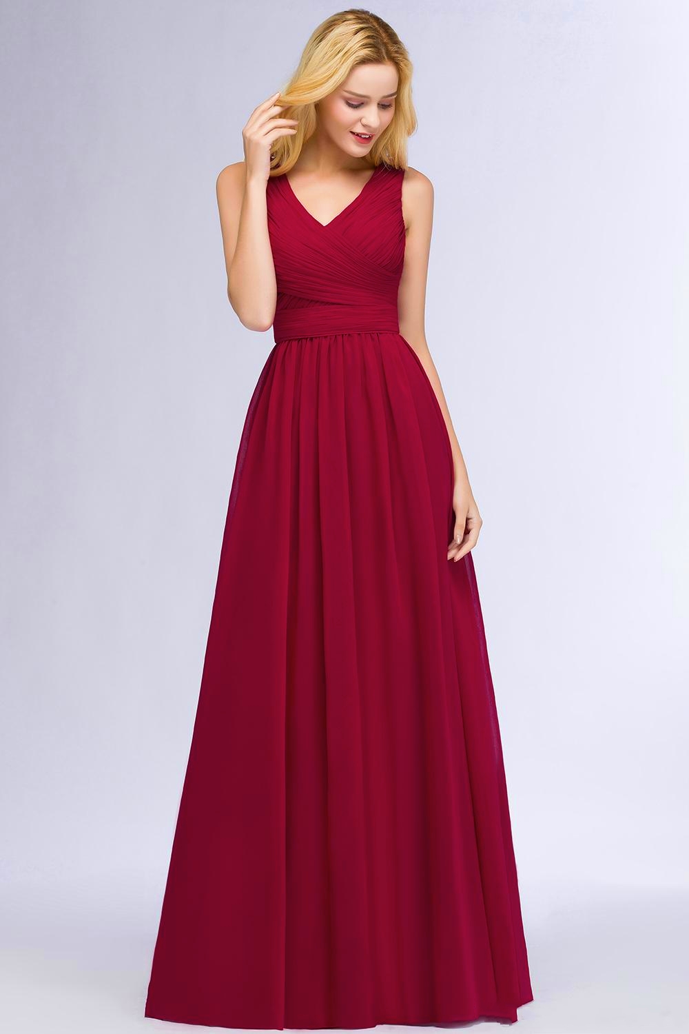 Burgundy A Line Chiffon Long Bridesmaid Dresses Sleeveless Ruffle Wedding Party Wear With Zipper Back Maid Of Honor Gowns HY4246