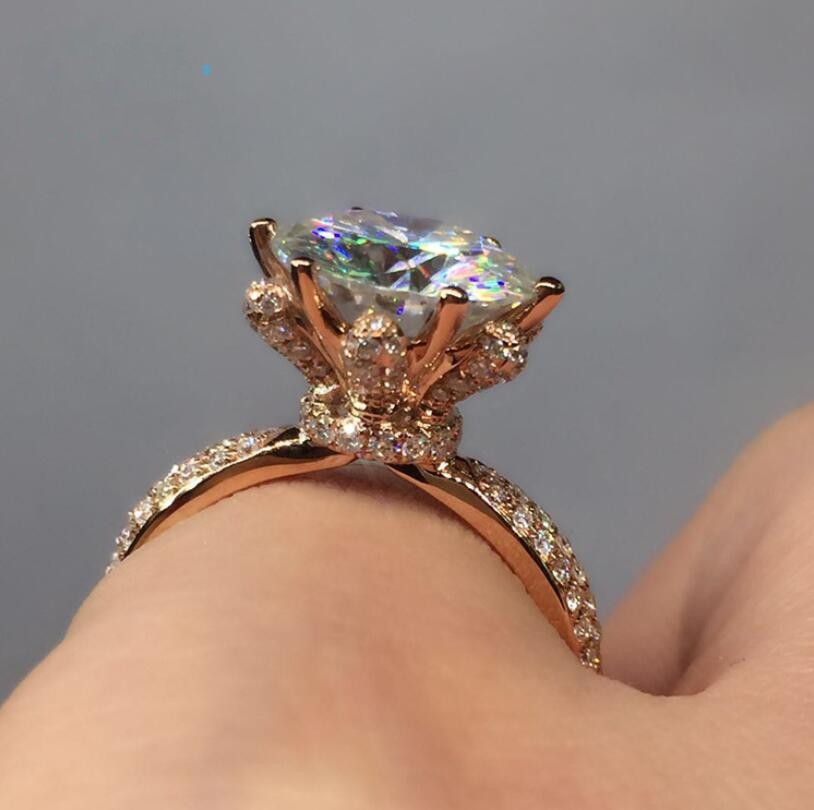 New Women Fashion Jewelry 925 Sterling Silver Rose Gold Filled Round Cut White Sapphire CZ Diamond Gemstones Cute Wedding Band Ring Gift