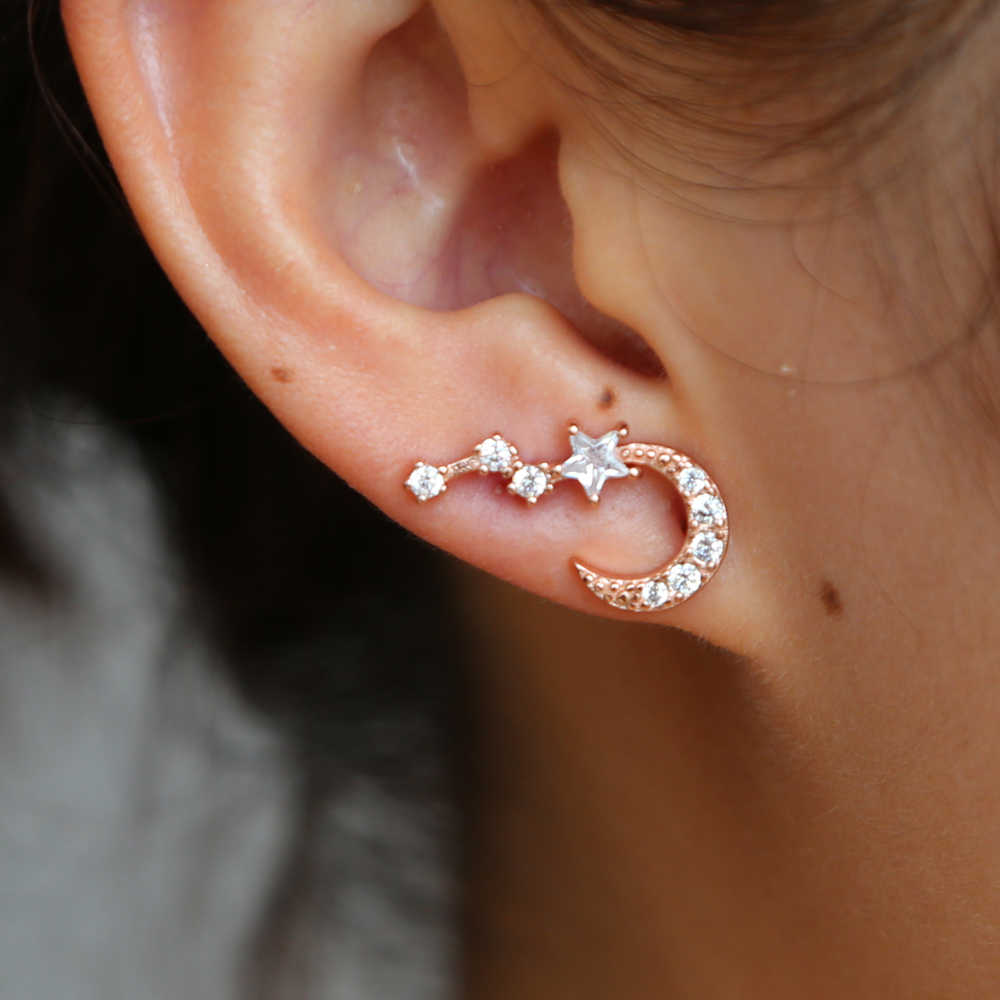 925 sterling silver moon star chrimstmas gift jewelry earring star round cz long ear climber elegance women ladies gift fine silver