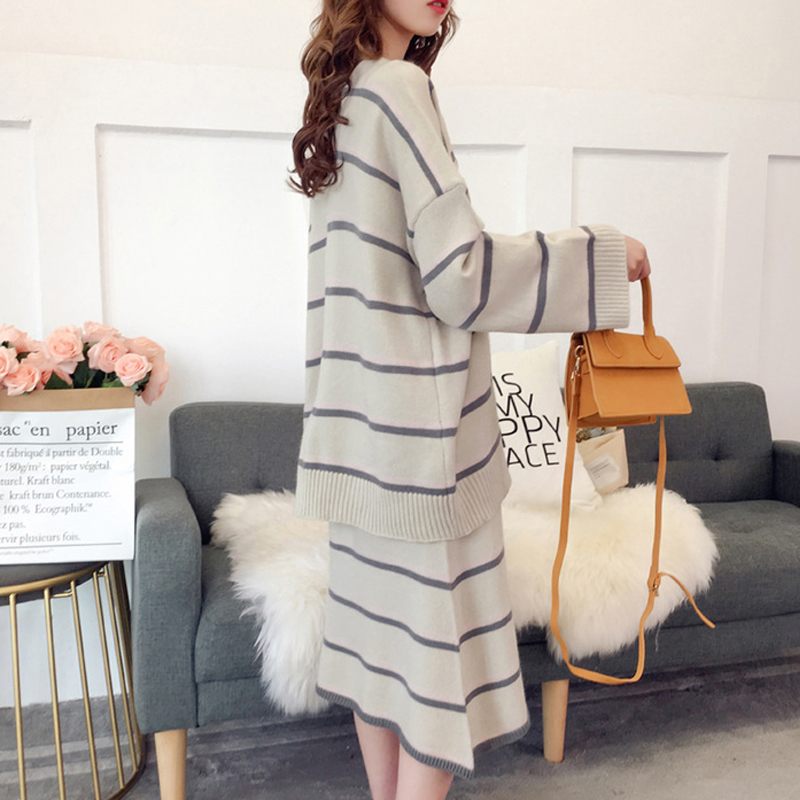 GOPLUS Two Pieces Set Autumn Woman Striped Strap Dress Suit Women 2018 New Fashion Cardigan Dress Set Knit Suit Set Female C6527 D18110503