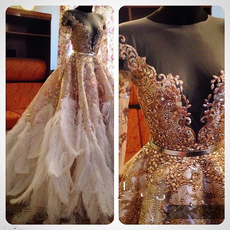 Luxury Feather Wedding Dresses Gold Long Sleeves Bridal Gowns Custom Bling Crystal Lace Vestido De Noiva