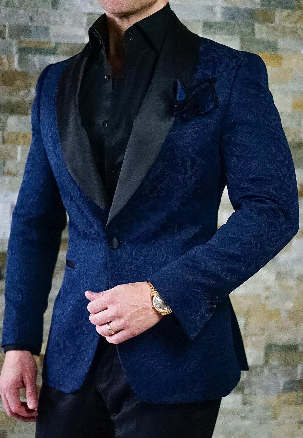 Custom Made Shawl Lapel Side Vent Navy Paisley Groom Tuxedos Men Party Groomsmen Suits Mens Business Suits (jacket+Pants+Tie+girdle) NO:10