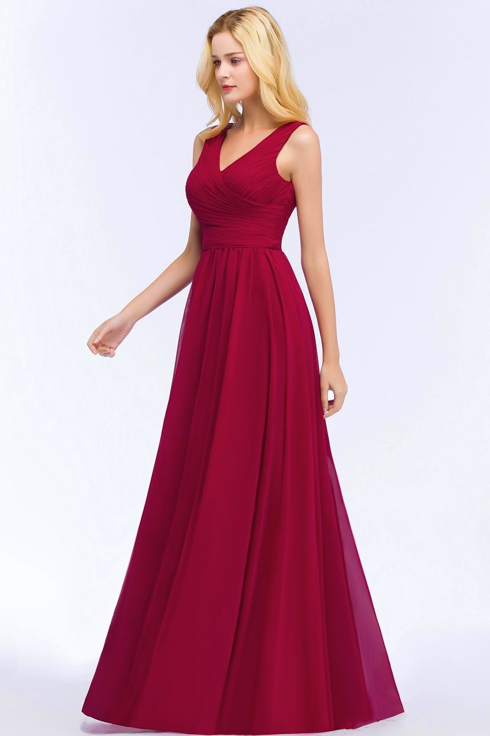 Burgundy A Line Chiffon Long Bridesmaid Dresses Sleeveless Ruffle Wedding Party Wear With Zipper Back Maid Of Honor Gowns HY4246