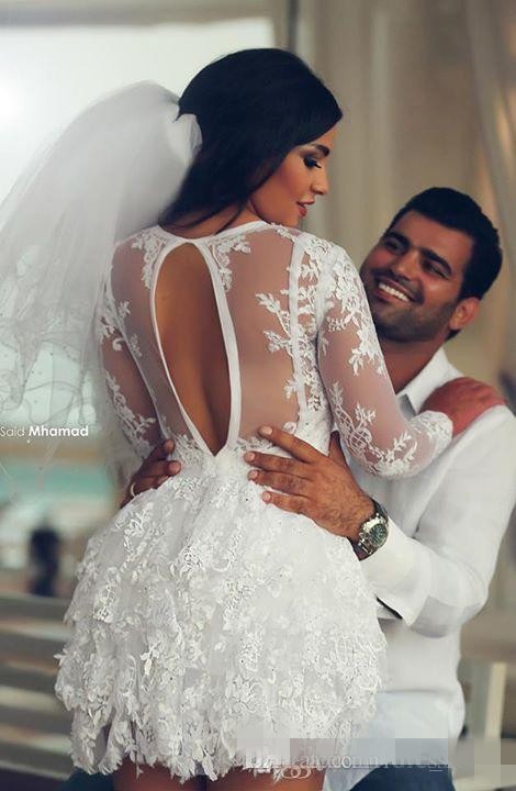 Mini Wedding Beach Lace Long Sleeve Sheer Back A-Line Sexy Saudi Arabia Short Bridal Gowns For Party Dresses 23 0510