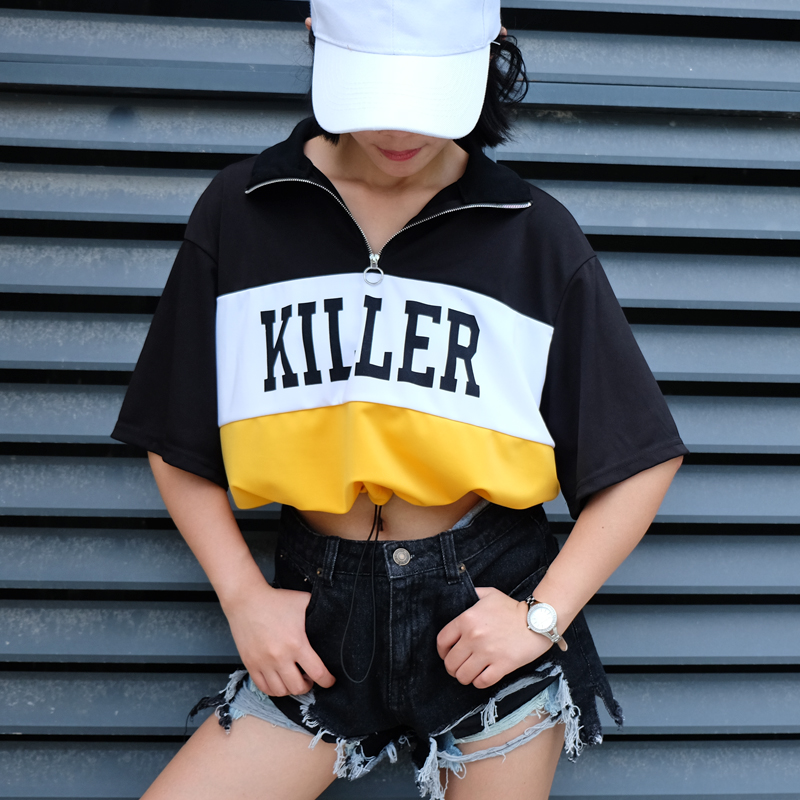 Weekeep Women Streetwear Cropped Adjustable Waist t shirt Summer Letter Print Patchwork tee shirt femme 2018 Fashion Loose Tops