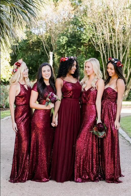 Bridesmaid Dresses 2020 Burgundy Sparkle Sequined Long Maid Of Honor Gowns Custom Made Beach Wedding Party Guest Dresses Vintage Gowns