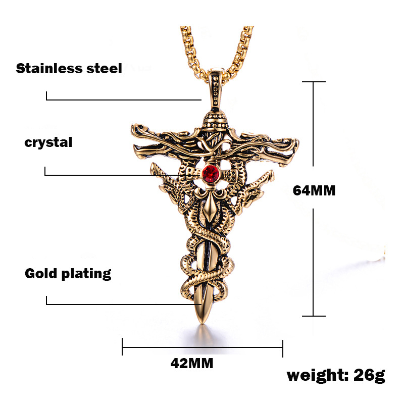 Classic Men's Retro Cross Jewelry - 18K Gold Plating over 316L Stainless Steel with Eye-Catching Red Rhinestone Detailing