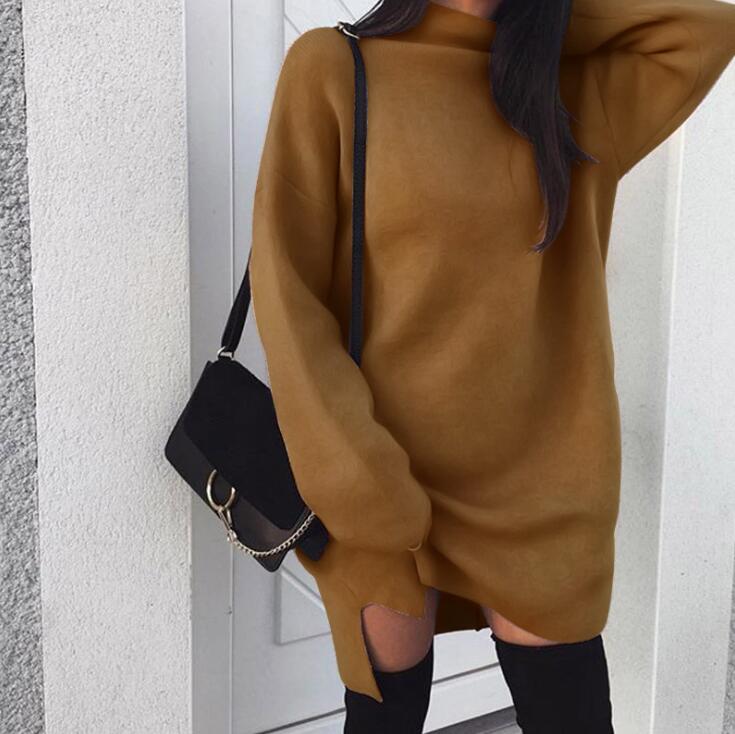 Women Autumn And Winter Style High Neck Sweater Solid Colored Loose Long Knitting Slit Dress Turtlenecks For Lady B4