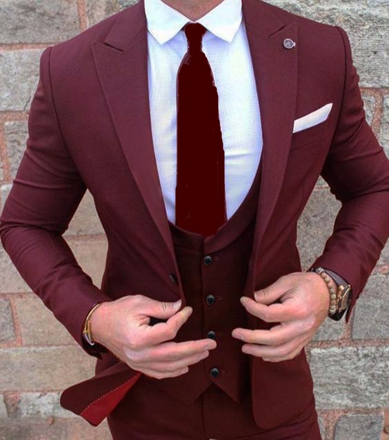 High Quality One Button Burgundy Groom Tuxedos Peak Lapel Groomsmen Best Man Suits Mens Wedding Suits (Jacket+Pants+Vest+Tie) NO:932