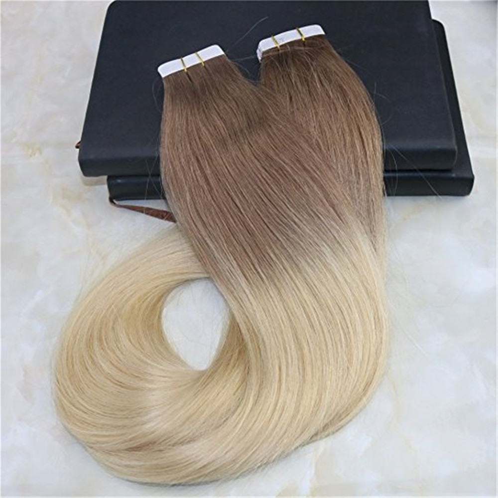 Glue in Hair Ombre Extensions Tape on Brazilian Remy Hair Fading Color Light Brown #6 to Bleach Blonde #613 Dip Dye Color Weft