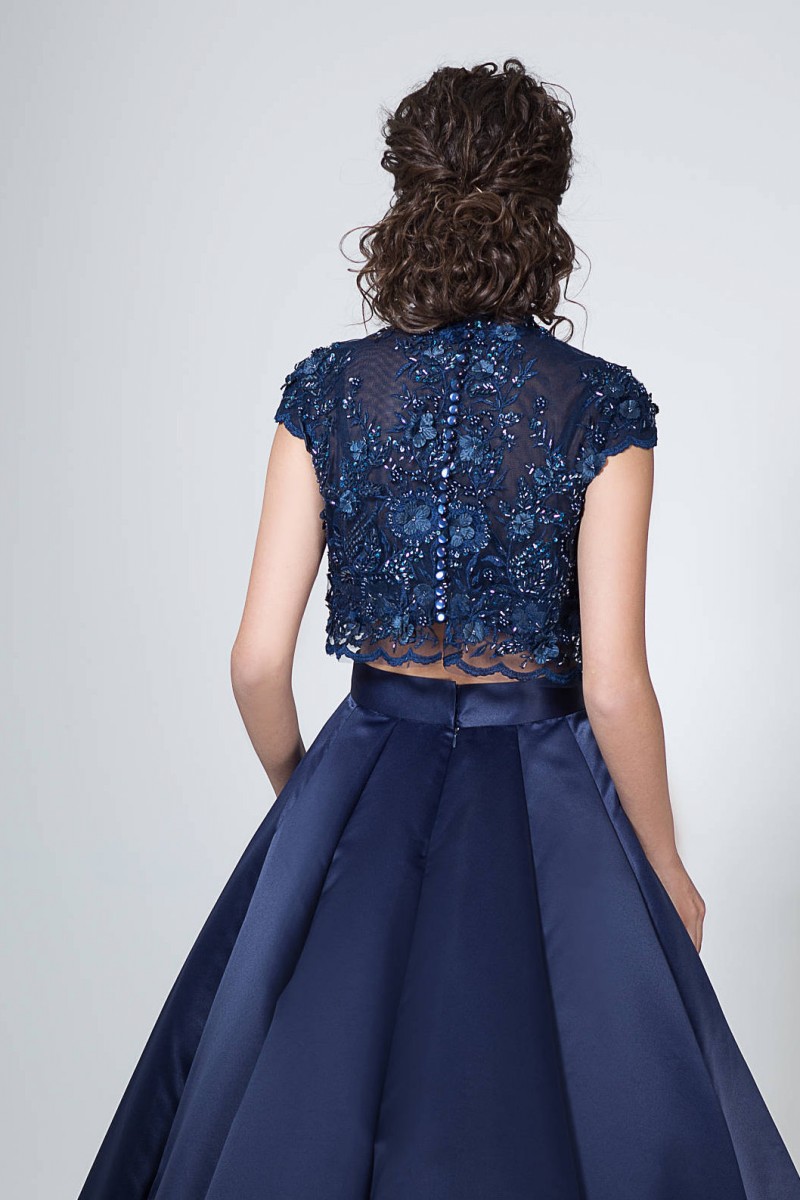 Dark Navy Two Pieces Prom Dress High Collar Embroidery Sequins Beaded Covered Button Long Evening Dresses