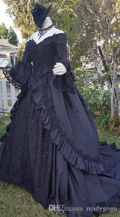 Victorian Vintage Black Dresses With Long Sleeve Retro Plus Size Off Shoulder Gothic Corset Lace Up Wedding Bridal Gown 6660311