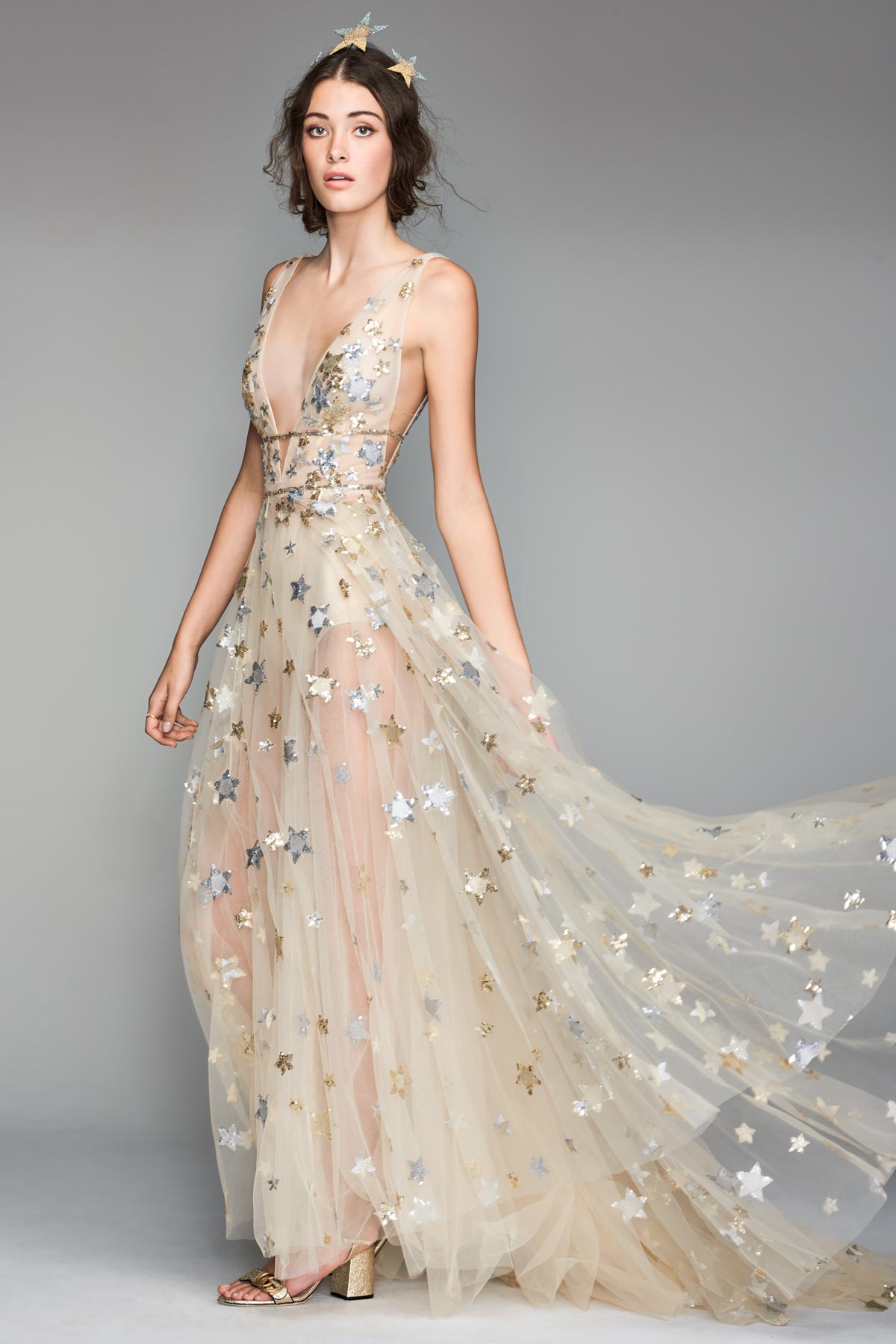 2018 Fairy Prom Dresses Bling Star Deep V Neck Sweep Train Sleeveless Formal Dress Party Evening robes de soirée Plus Size Evening Gown