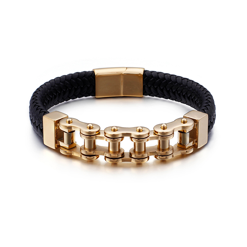 Vintage Men's Stainless Steel Bicycle Chain Bracelet Thick Heavy Hip Hop Rock Motorcycle Chain Leather Weaving Bangle Jewelry