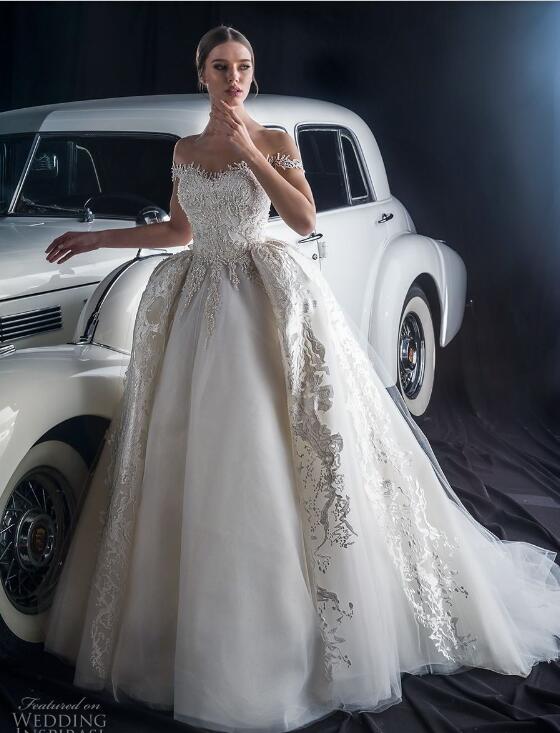 Dany Mizrachi Fall 2018 Wedding Dress Vintage Sheer Jewel Neckline Short Sleeves Lace Applique Beads Backless Bridal Gowns Custom Made