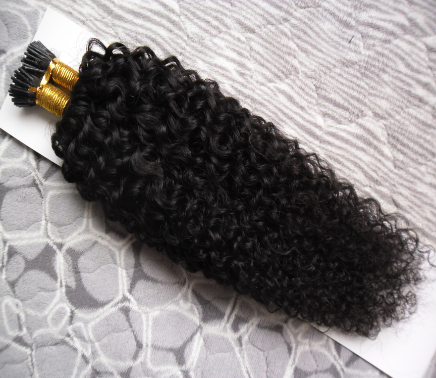 Natural Color afro kinky curly hair 100g Human Pre Bonded Fusion Hair I Tip Stick Keratin Double Drawn Remy Hair Extension