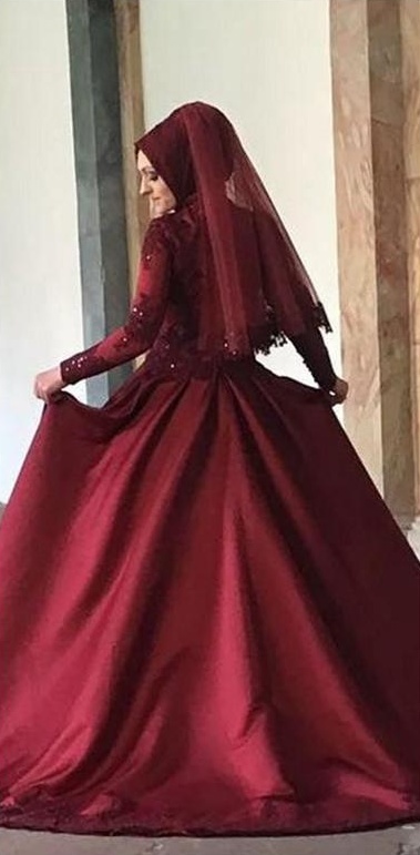 Dark Red Muslim Wedding Dress Custom Made High Collar Long Sleeves Lace Applique Beads Bridal Gowns With Veil