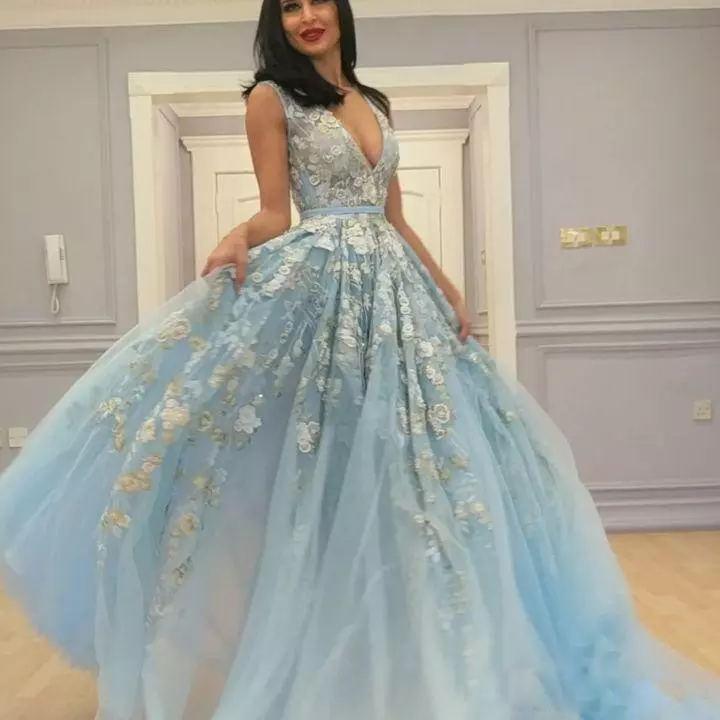 Sexy Prom Dresses With Deep V neck Lace Appliques Sash Formal Evening Dress Count Train Zipper Specail Gowns Custom Made Vestidos de novia