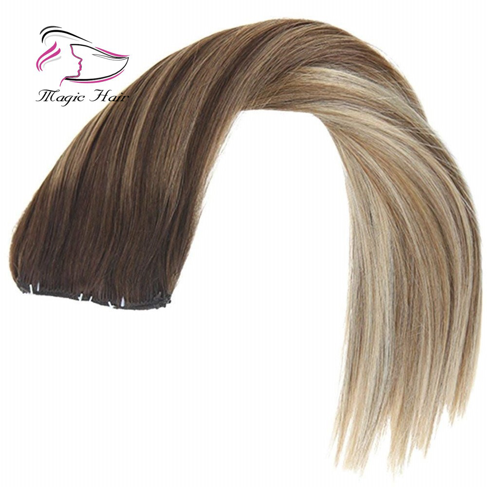 Clip in Hair Extension Human Hair Ombre #4 Dark Brown Mix #6 Medium Brown Fading to #22 Medium Blonde Full Head 7pcs/120g