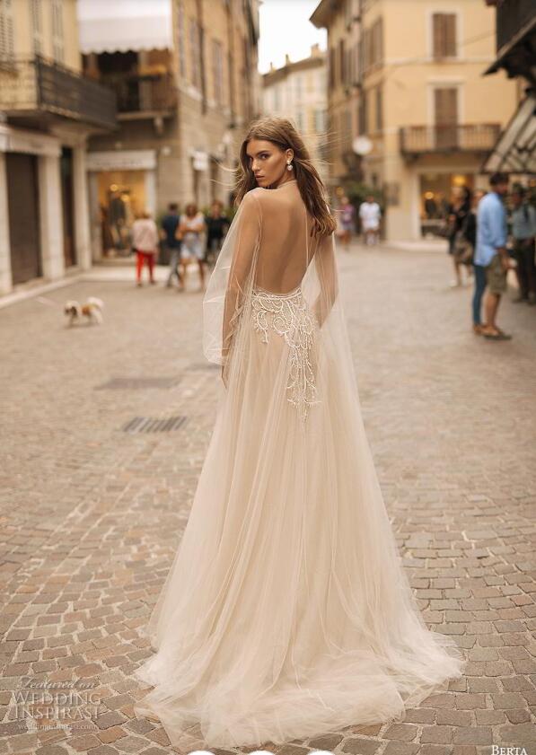 Berta A e Bohemain Dresses Deep V Neck Sexy Backless Sweep Train Champagne Wedding Dress With Detachable Jacket Bridal Gowns