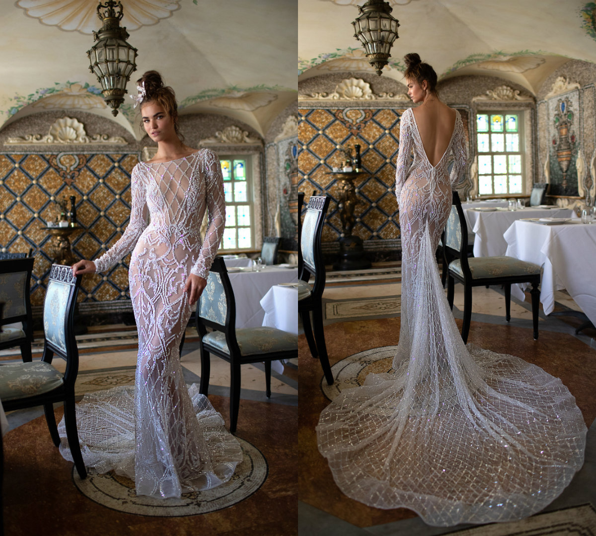 2019 Berta Mermaid Wedding Dresses Illusion Sequins Beaded Court Train Long Sleeve Bridal Gowns Sexy Backless Plus Size Wedding Dress, Silver
2019 Berta Mermaid Wedding Dresses Illusion Sequins Beaded Court Train Long Sleeve Bridal Gowns Sexy Backless Plus Size Wedding Dress, Silver