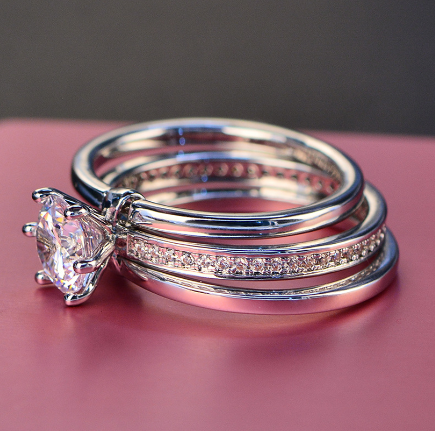 Sterg 3-in-1 Bridal Ring Set: Round Cut White Topaz CZ in Sier