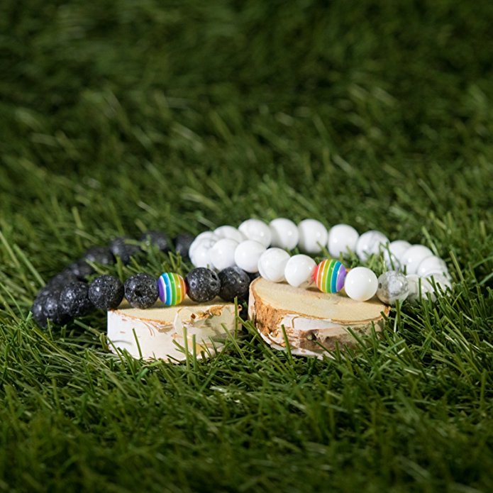 LGBT Relationship Bracelet 2 Pieces White Howlite, Black Lava Rock, Rainbow Resin Oil Diffuser Beads Gay Couples Strong Cord Handmade