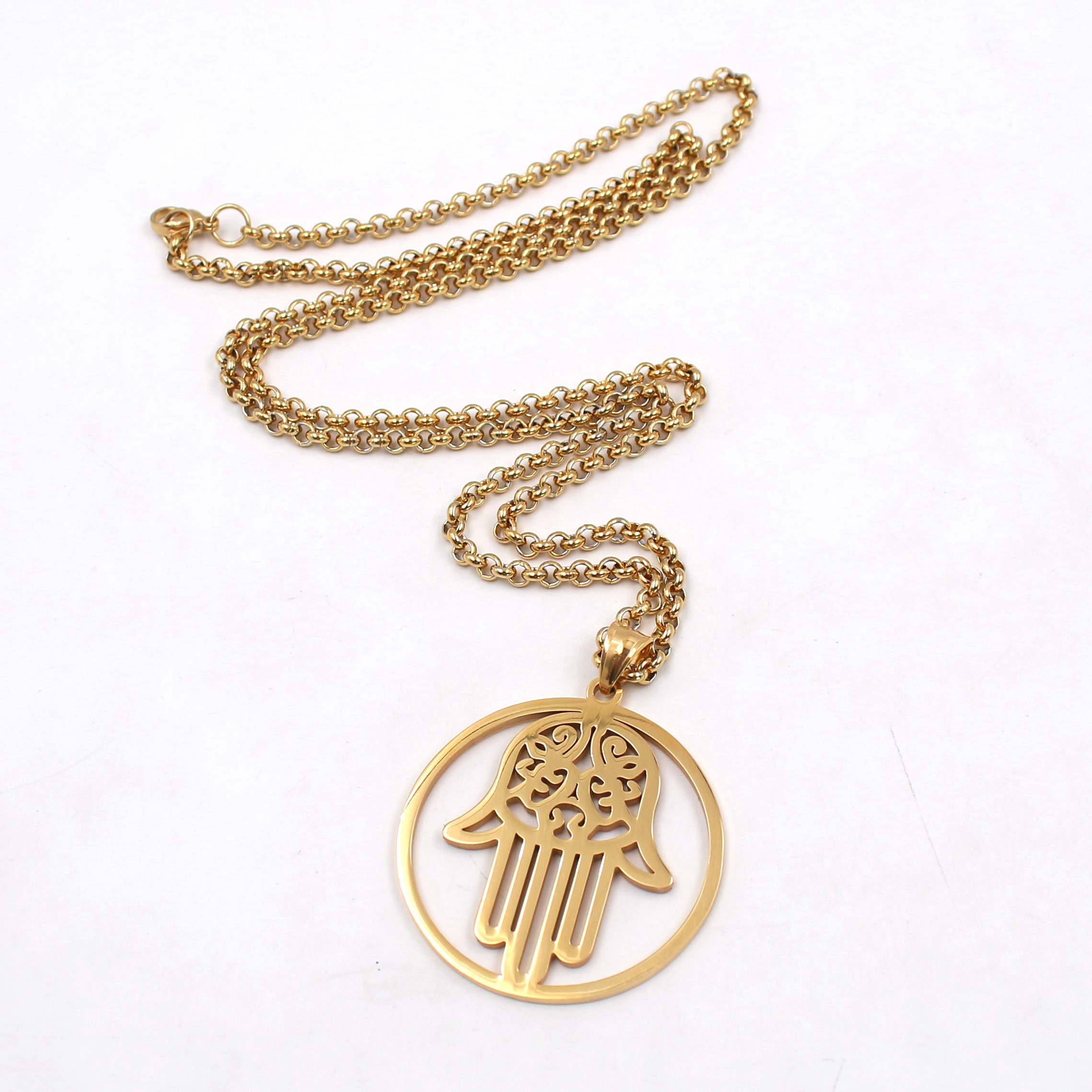 Jewelry Stainless steel Gold silver black Hamsa Hand Good Luck Pendant Necklace Chain 24 inch New list for Mens gifts