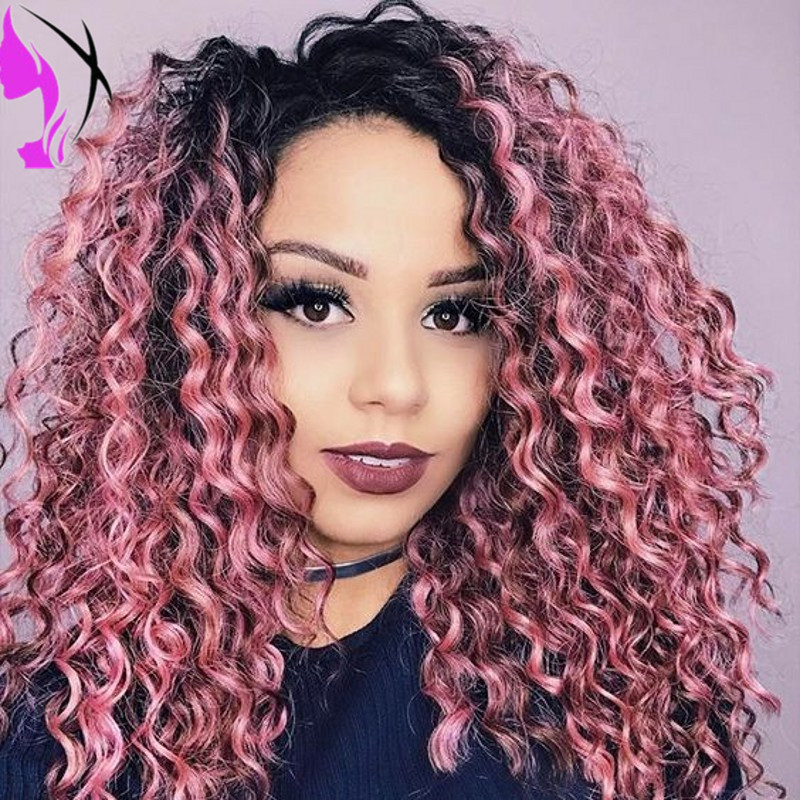 Long Kinky Curly Synthetic Lace Front Wigs black roots ombre pink full wig Heat Resistant Fiber Natural Afro Curly For Women