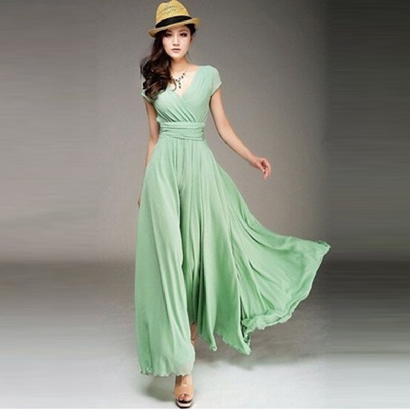 Bohemian Women 2018 Short Sleeve Fit And Flare Slim Dress Female Solid V Neck Floor Length Beach Empire Dress Plus Size HO802482 D1891703