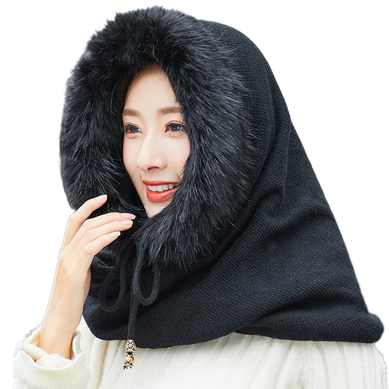 Winter Warm Women Knitted Hat Scarf Set Outdoor Sport Plus Plush Female Beanies Caps Hooded Scarves caps for girls Skullies D18110601