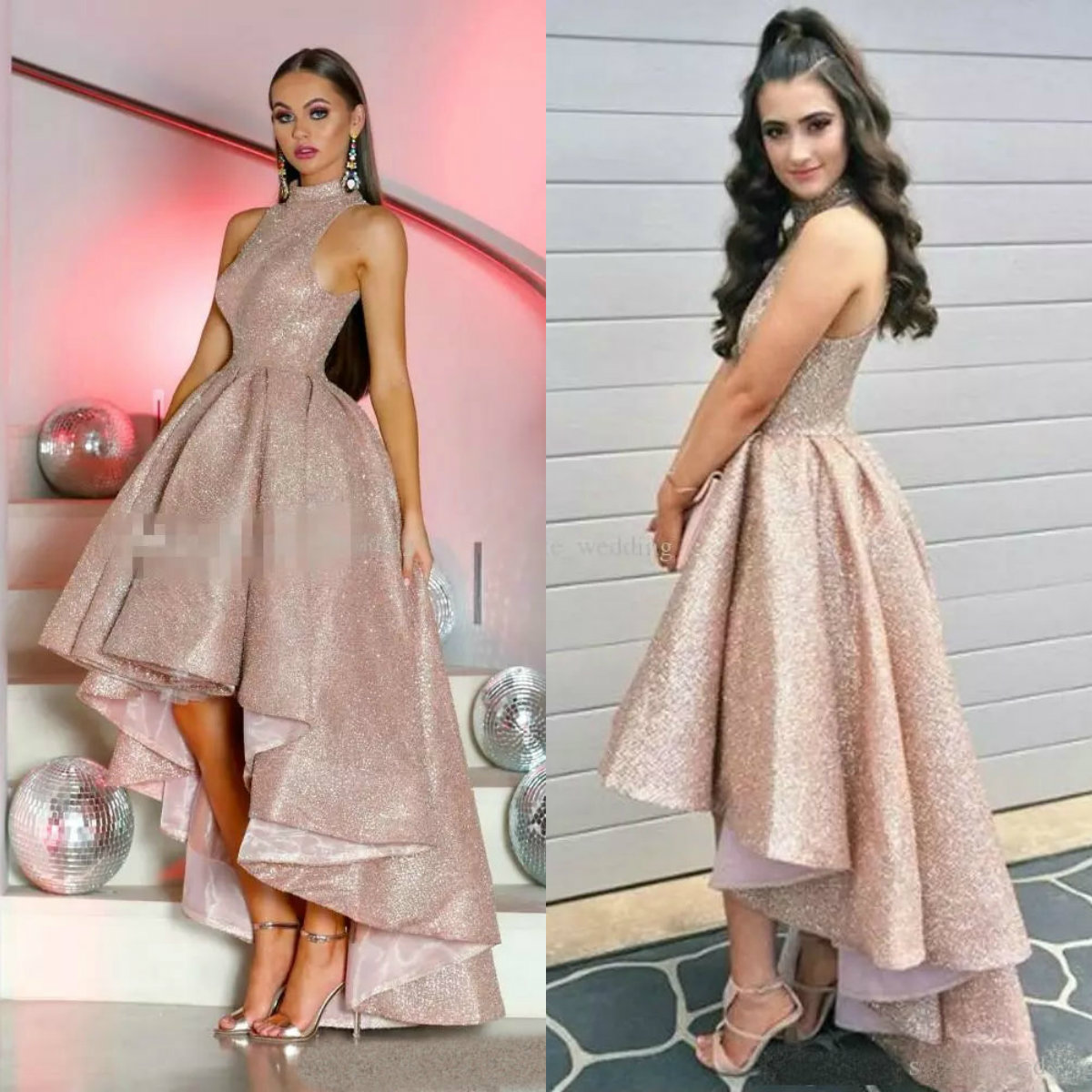 Sparkly Hi Lo Prom Dresses High Collar Sequined Sleeveless Ruffles Evening Gowns Fashion Party Dresses Custom Made