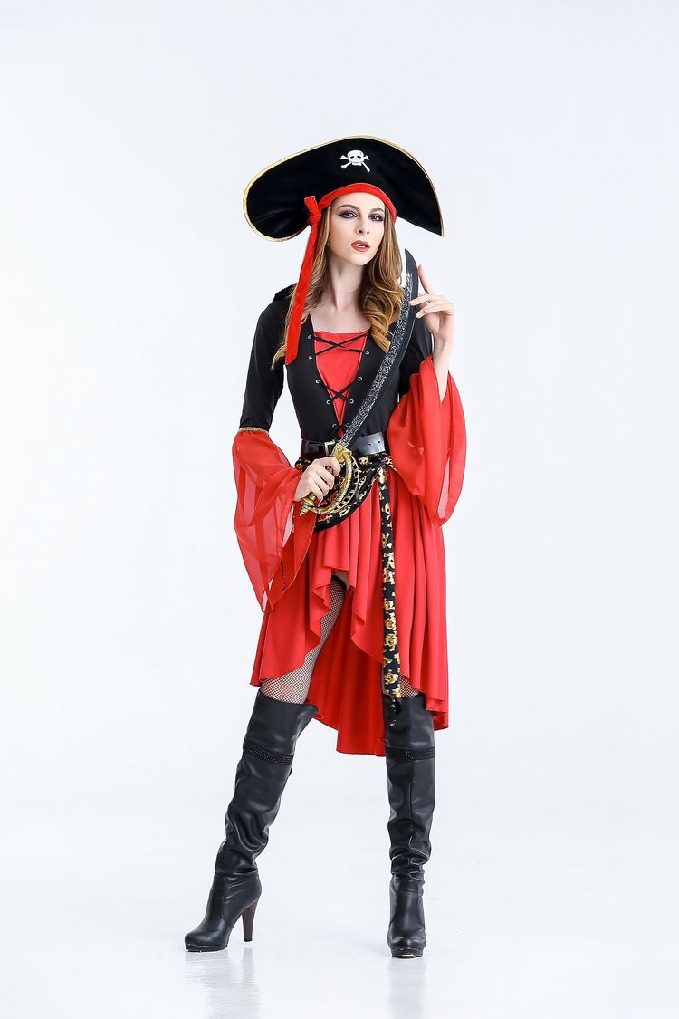 Female Pirate Halloween Costumes For Adults Hi Lo Long Sleeves Cotton Three Pieces (Dress+Hat+Belt) Halloween Party Dress In Stock