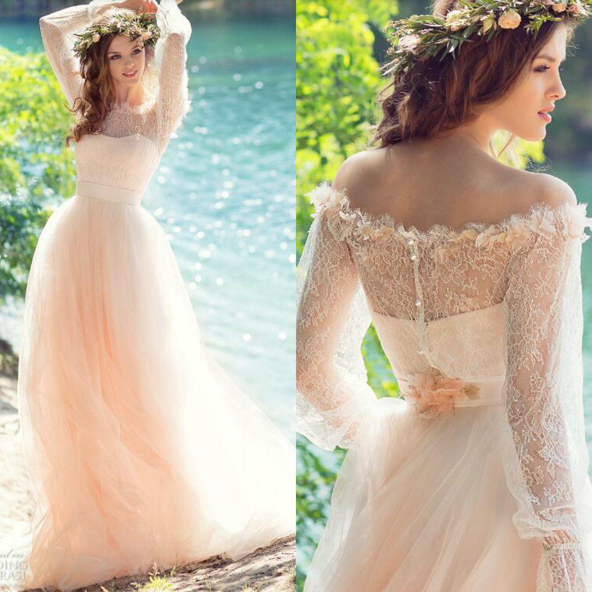 2018 Fall Lace Long Sleeves Wedding Dress With Off Shoulder Floral Applique Beads Tulle Bridal Gowns Customized Cheap Wedding Dresses B.N