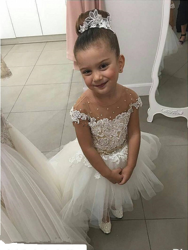 High 2018 Cute Low Wer For Weddings Sheer Neck Illusion Cap Sleeves Lace Tulle Sashes Pearls Princess Girls Pageant Dresses