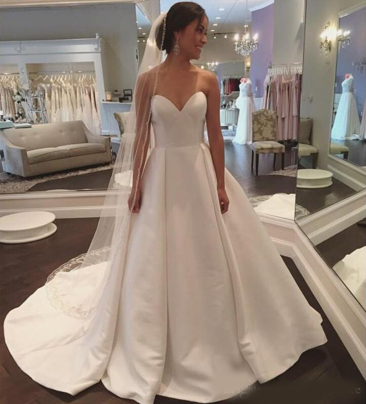 Charming Sweetheart Neck A-line Wedding Dresses Court Train Lace Up Back Satin Bridal Wedding Gowns Vestido De Novia