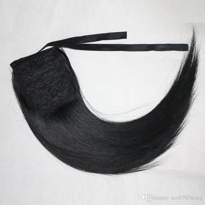 Wholesale cheap malaysian hair clip in hair ribbob wrap around straight poney tail hairpieces real hair tail extension 100g free ship