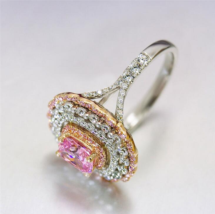Drop Shipping Stunning Luxury Jewelry 925 Sterling Silver Princess Cut Pink Sapphire CZ Diamond Party Women Office Wedding Band Ring Gift