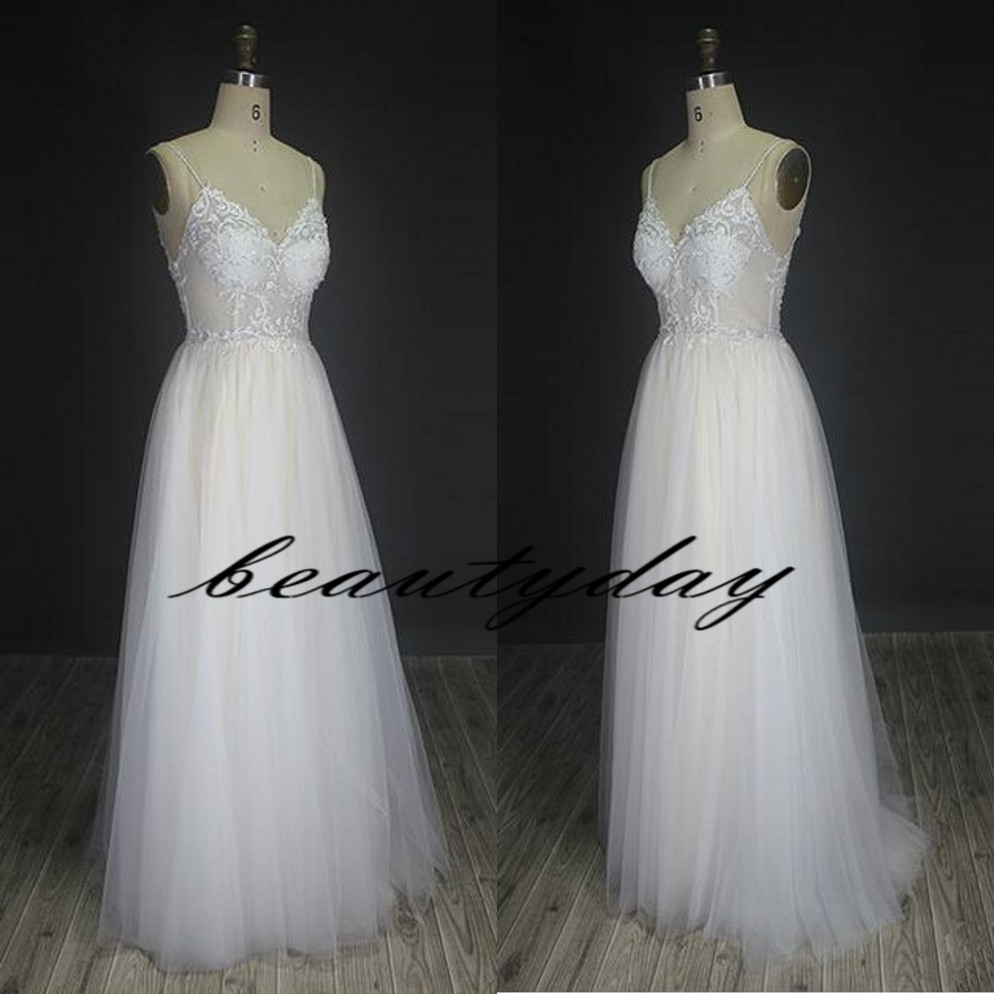 2019 Wedding Dresses For Bride Beach A-line Wedding Dress Maternity Bridal Gowns Beads Tulle Lace Sexy Backless Spaghetti Straps Boho Plus
