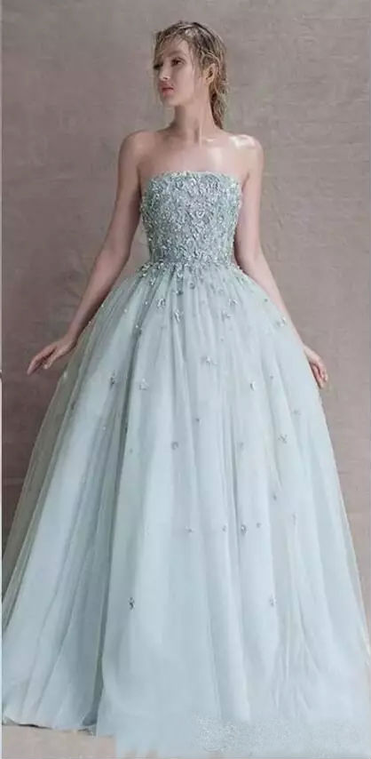 Sage Prom Dress High Quality Strapless 3D Floral Appliques Beaded Long Tulle Formal Party Evening Dresses
