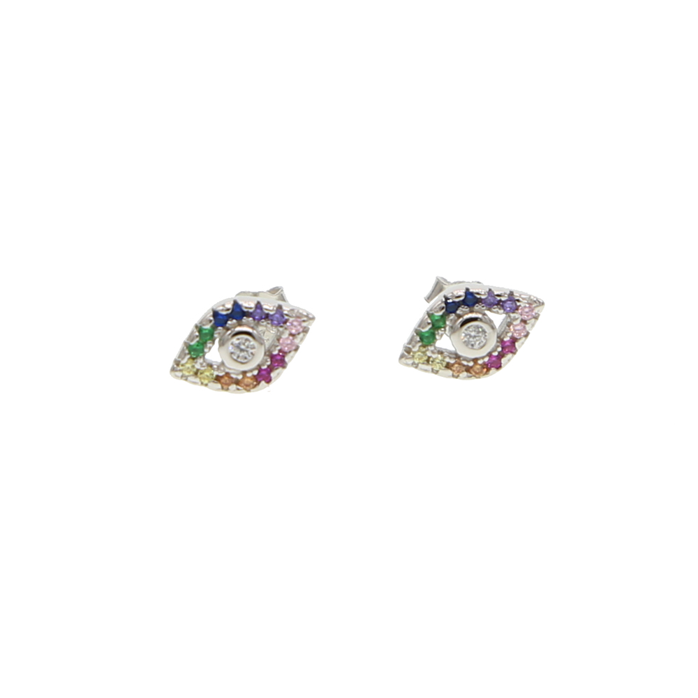 lucky evil eye charm Gold silver plated 925 sterling silver rainbow colorful cz paved bright silver eye stud earring