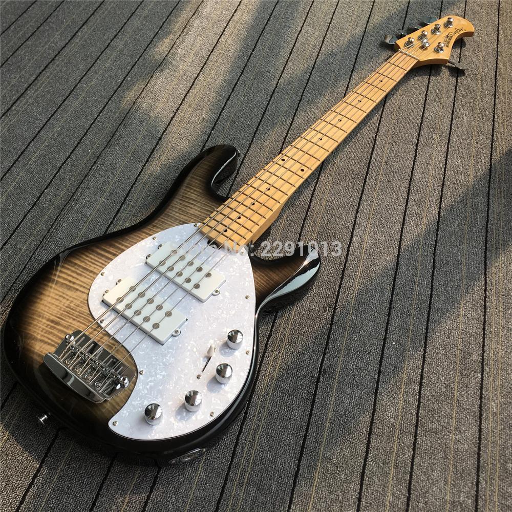 

Custom Music Man Ernie Ball StingRay Black Flame Maple Top 5 Strings Electric Bass Guitar 9V Battery Active Pickups White Pearl Pickguard