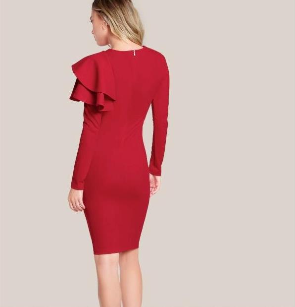 X Sheinside Black Ruffle Bodycon Elegant Party Dress Women Knee Length Slim Fit Office Ladies Pencil Autumn Midi Dress